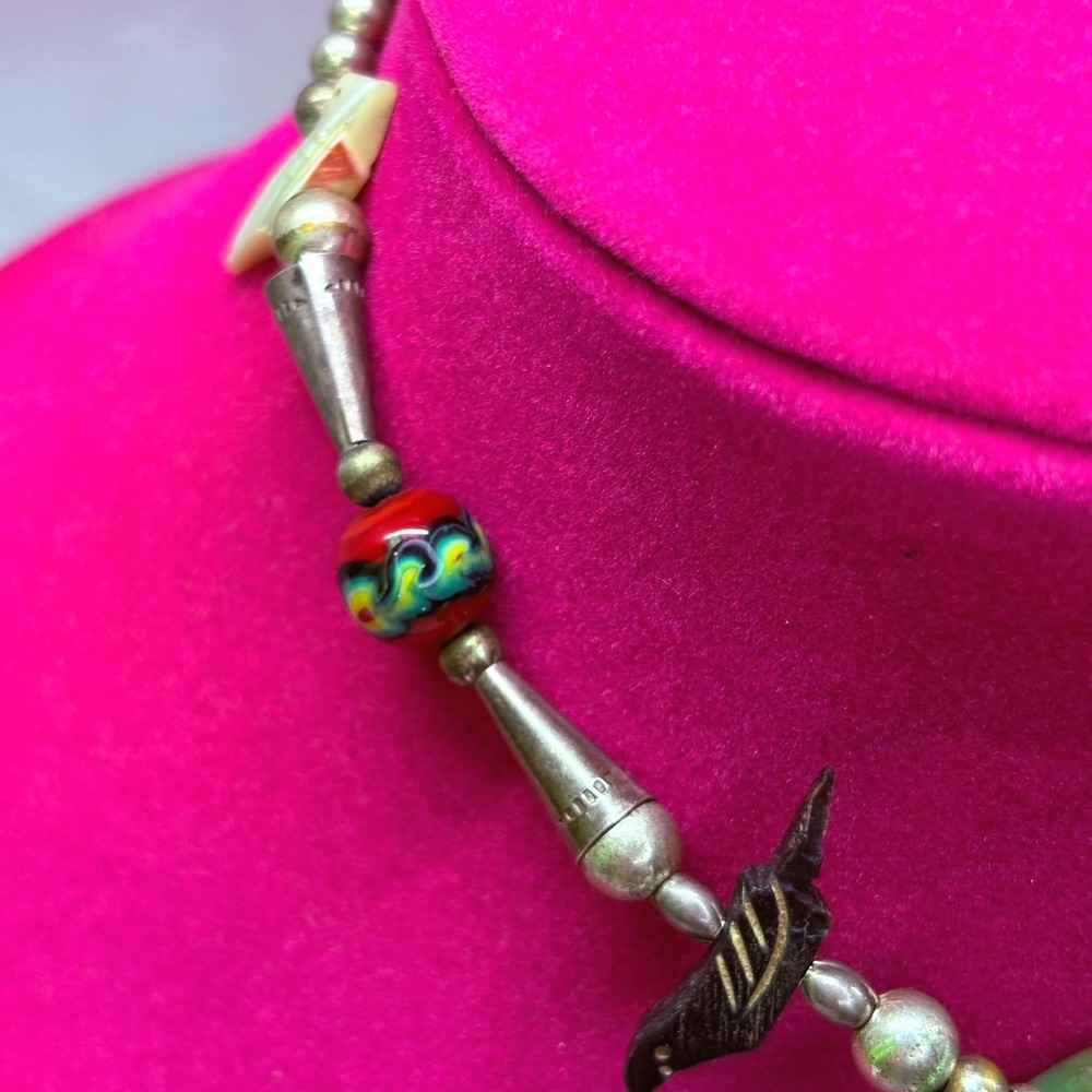 Turquoise Fetish Necklace Unisex 14in Green Good Bird Millefiori Bead - Picture 3 of 8